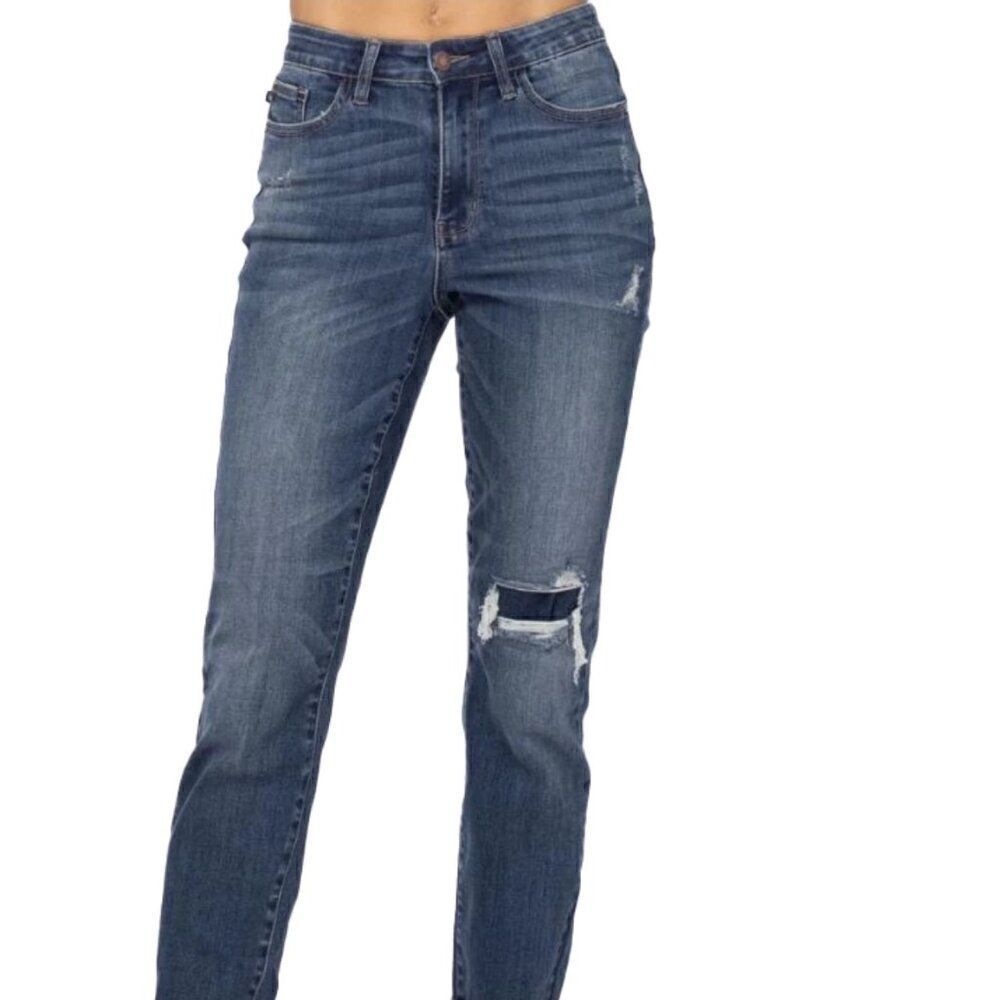 Judy Blue Patch Knee Boyfriend Jeans Size 13 / 31 Dark Wash Distressed Stretch